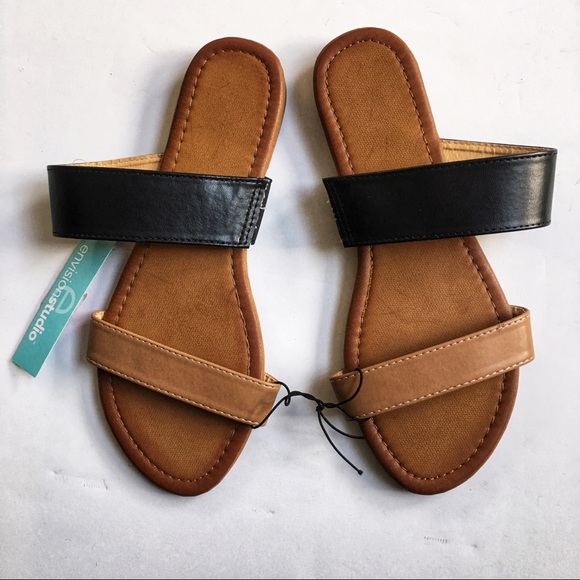 Envision Studio Shoes - Envision Studio Black Tan Slide Sandals New